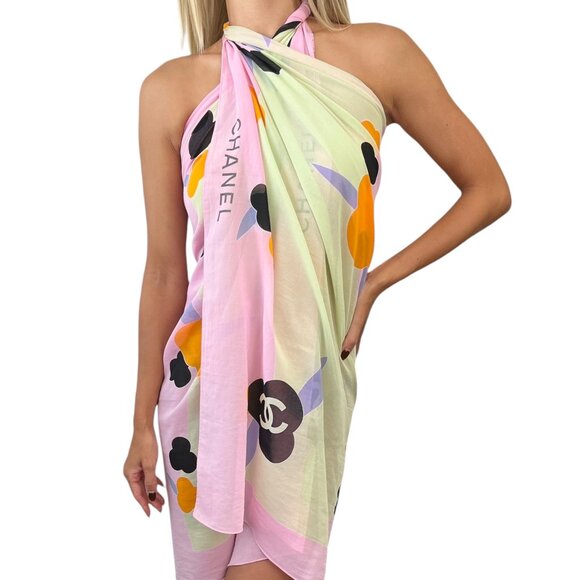 CHANEL Vintage 00S CC Mark Logo Shawl Scarf Wrap Pareo Skirt Pink Green [104228] - Picture 1 of 13